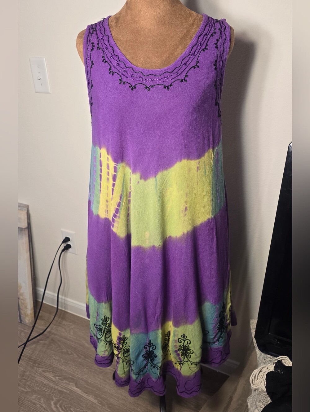 💟 Purple & Green Tie-Dye Dress Embroidered Hippie Swim Coverup